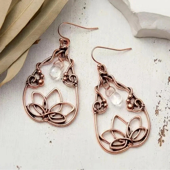 Champagne Lotus Flower Drop Hoop Earrings - Picture 1 of 6